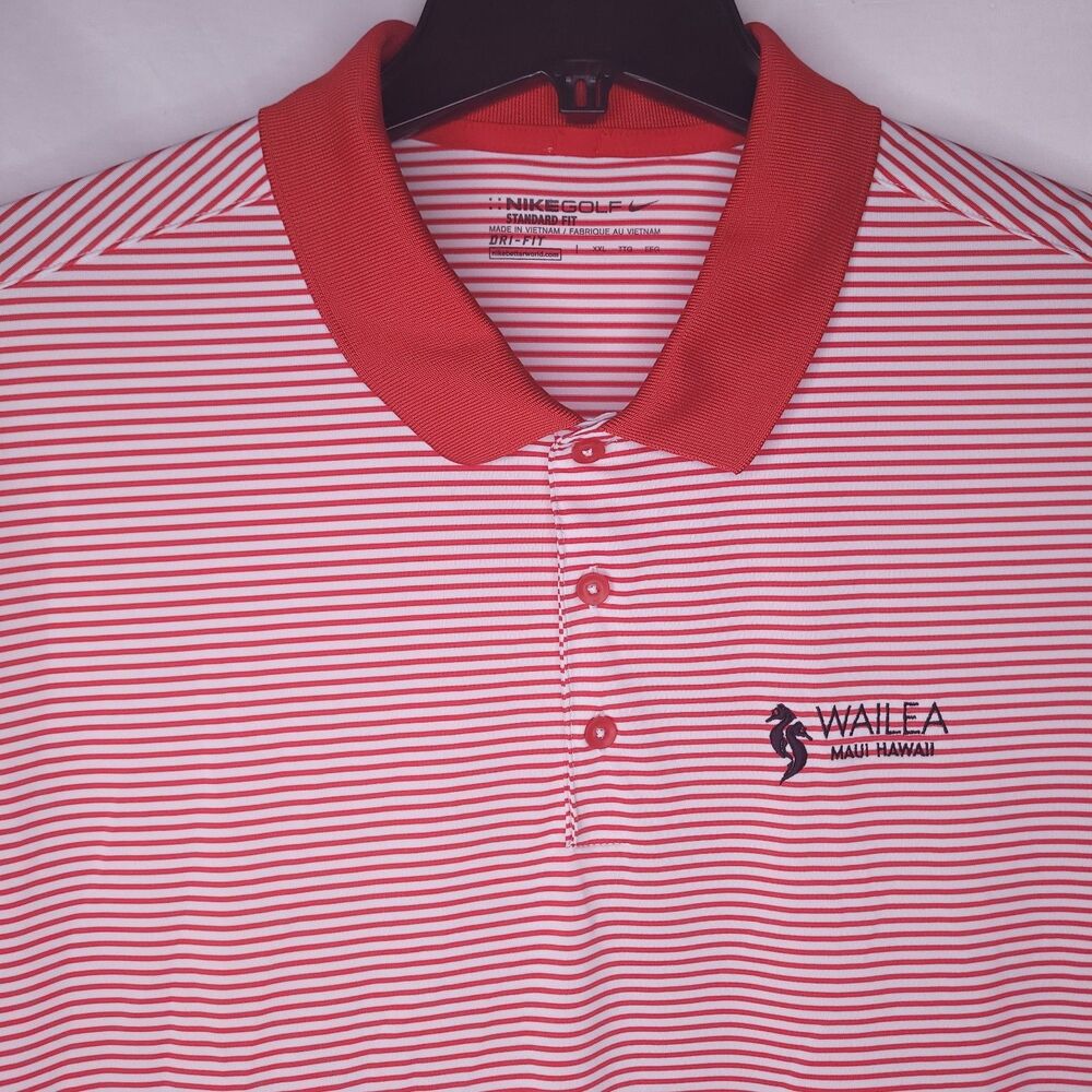 Nike Golf Polo Shirt Mens 2XL Striped Red, White Wailea Maui Hawaii Dri Fit